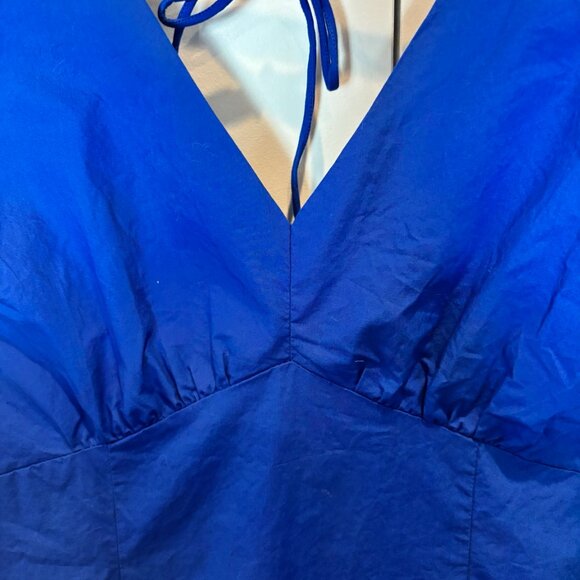 LOFT Blue Puff Sleeve Mini Dress Size 12 Smocked Back Tie - Picture 3 of 6